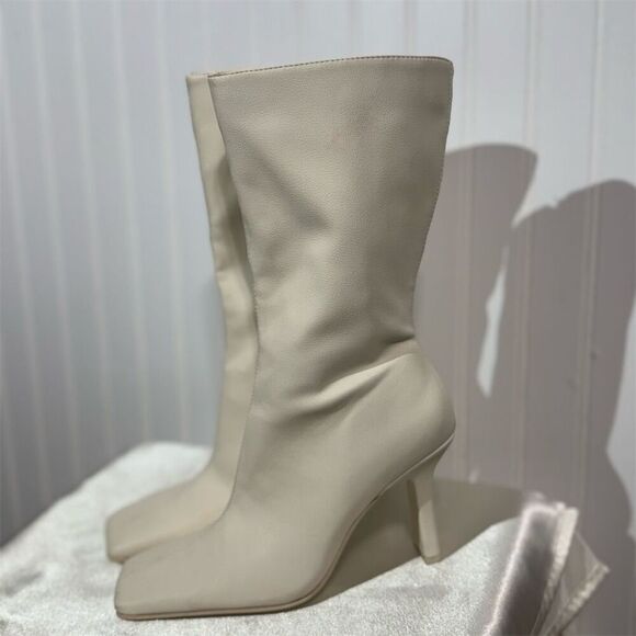 Oak + Fort Cream Mid Calf Heeled Boots Women’s 7 Square Toe Minimalist Y2K - Picture 1 of 10